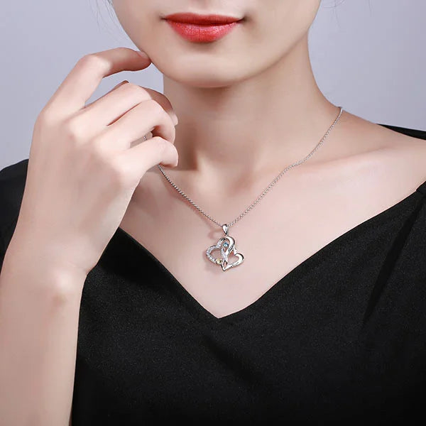 Personalized Double Heart Necklace with 2 Names & Birthstones Sterling Silver - Glamour