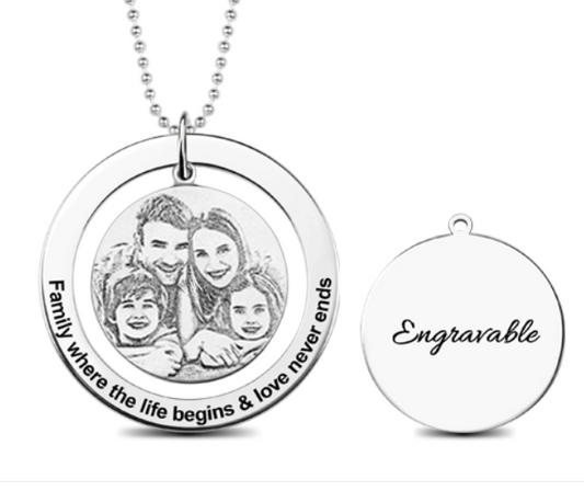 Circular Ring Pendant Engraved Circle Family Photo Necklace - Glamour