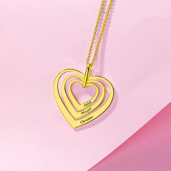 Engraved Family 3 layers Heart Necklace - Glamour