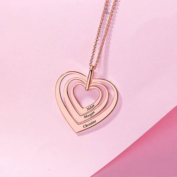 Engraved Family 3 layers Heart Necklace - Glamour