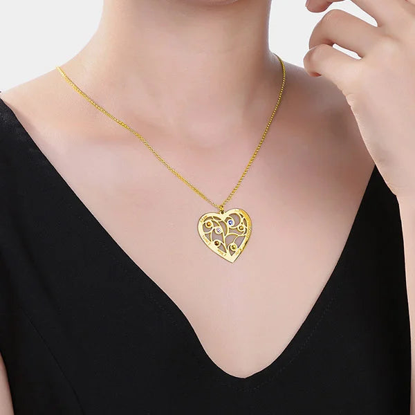 Heart Family Tree Necklace Engraved with Name& Birthstones - Glamour