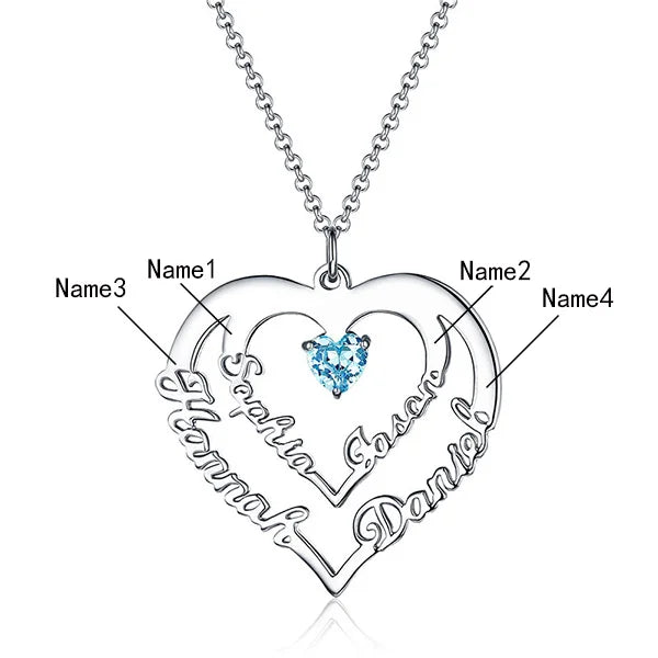 Personalized Heart Necklace with 4 Names with Main Birthstones - Glamour