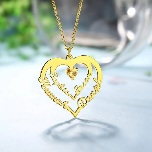 Personalized Heart Necklace with 4 Names with Main Birthstones - Glamour