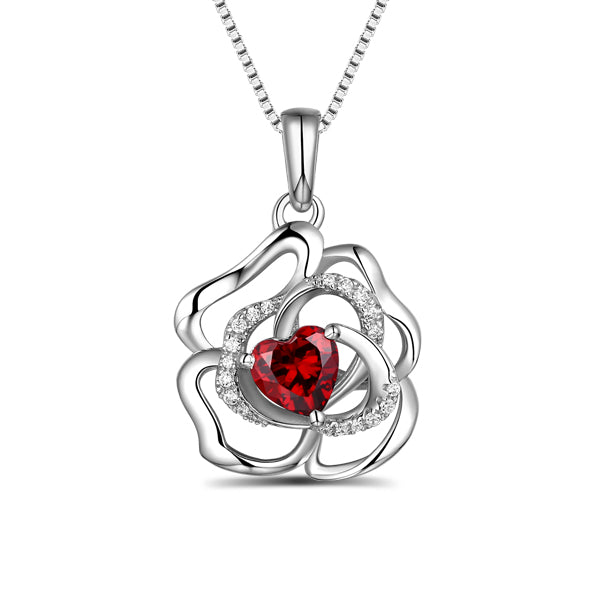 Custom Rose Flower Necklace With Heart Birthstone In Sterling Silver - Glamour