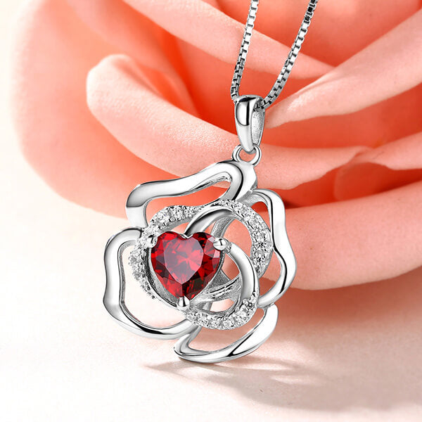 Custom Rose Flower Necklace With Heart Birthstone In Sterling Silver - Glamour