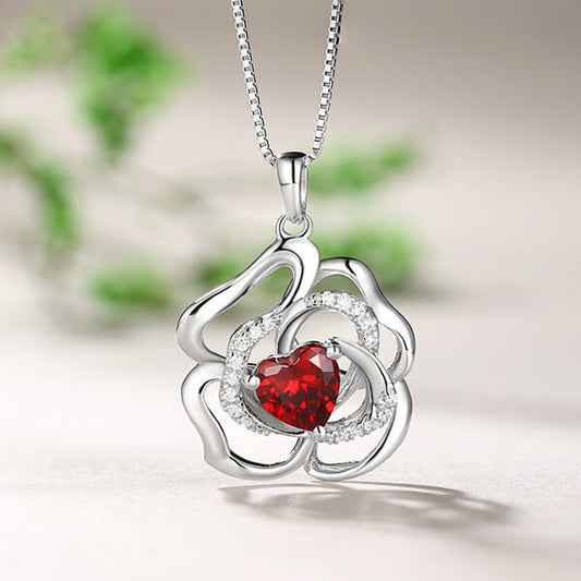 Custom Rose Flower Necklace With Heart Birthstone In Sterling Silver - Glamour