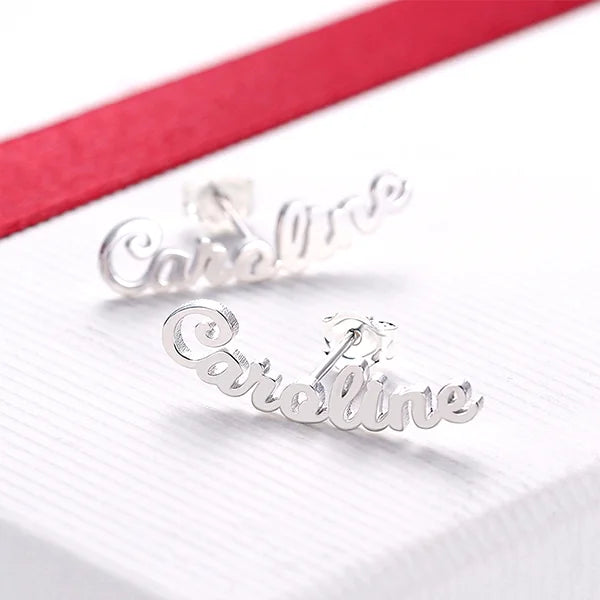 Personalized Name Stud Earrings for Her in Silver - Glamour