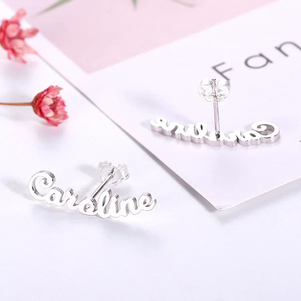 Personalized Name Stud Earrings for Her in Silver - Glamour