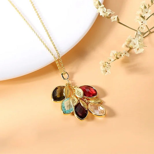 Family Leaves Birthstone Initial Necklace - Glamour
