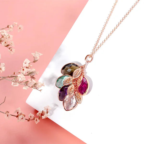 Family Leaves Birthstone Initial Necklace - Glamour