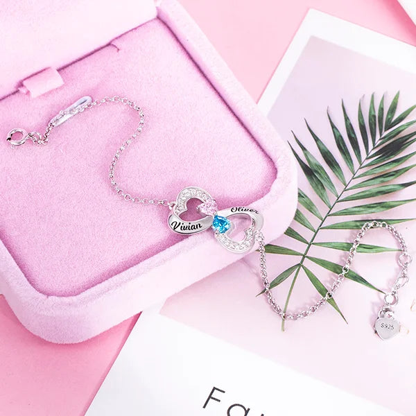 Personalized Double Heart Bracelet with Birthstones - Glamour