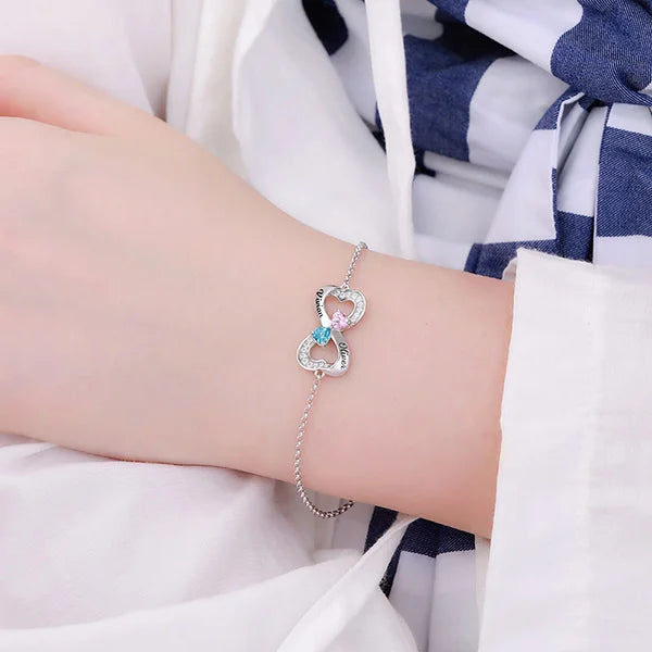 Personalized Double Heart Bracelet with Birthstones - Glamour