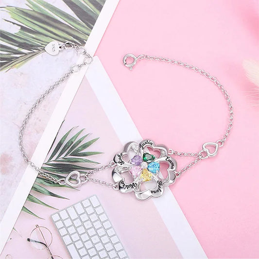 Personalized Five Hearts Birthstone Bracelet in Silver - Glamour