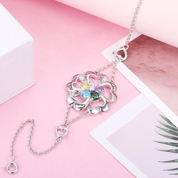 Personalized Five Hearts Birthstone Bracelet in Silver - Glamour