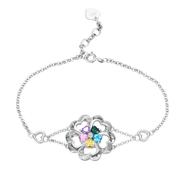Personalized Five Hearts Birthstone Bracelet in Silver - Glamour