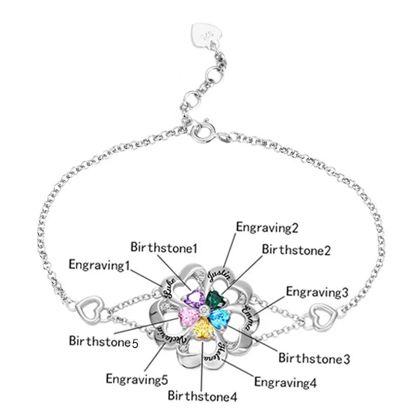 Personalized Five Hearts Birthstone Bracelet in Silver - Glamour