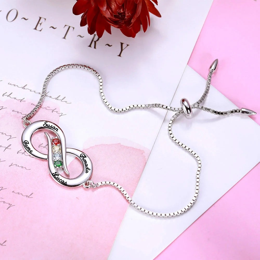 Personalized Infinity 4 names Bracelet with Birthstones - Glamour