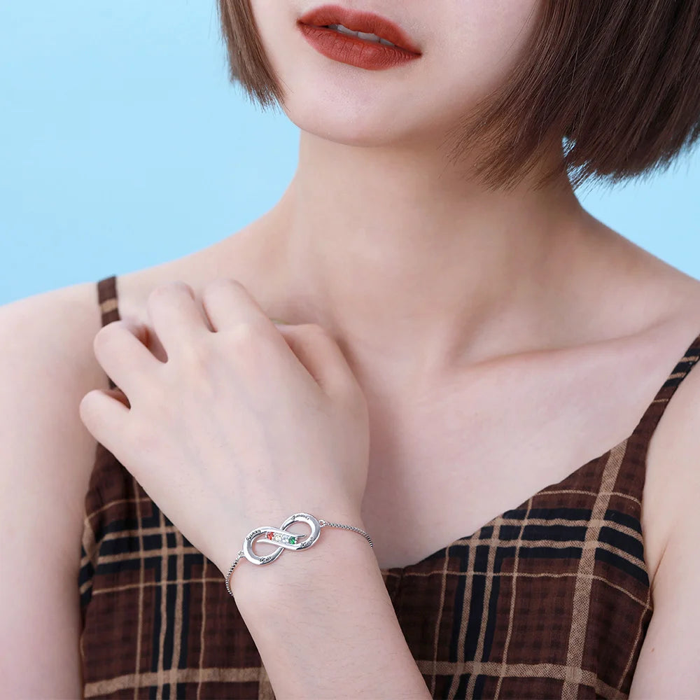 Personalized Infinity 4 names Bracelet with Birthstones - Glamour