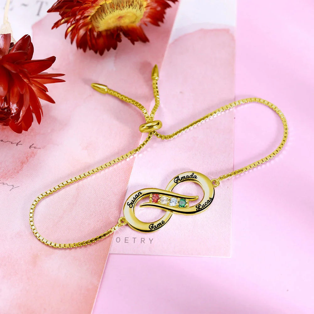 Personalized Infinity 4 names Bracelet with Birthstones - Glamour