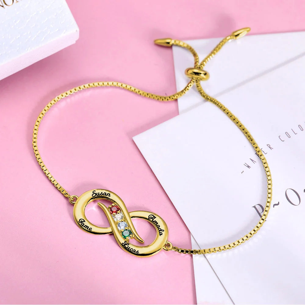 Personalized Infinity 4 names Bracelet with Birthstones - Glamour