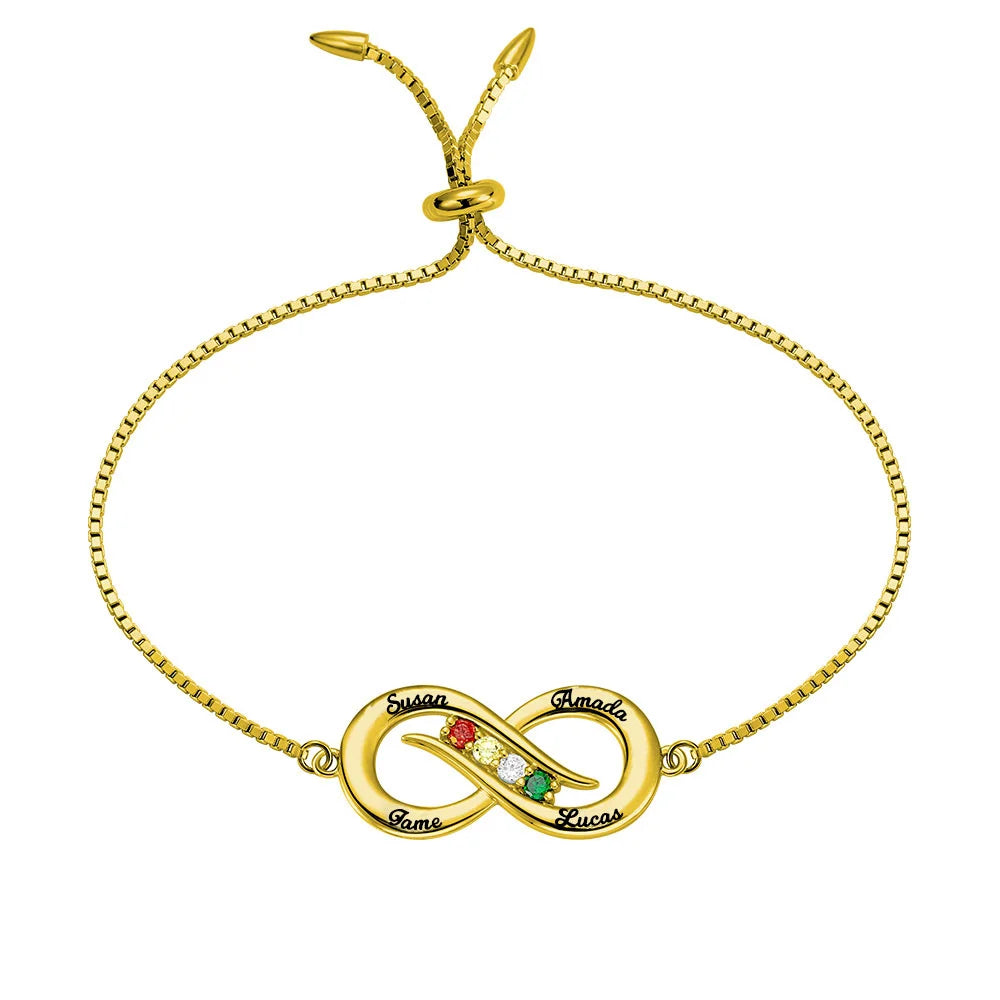 Personalized Infinity 4 names Bracelet with Birthstones - Glamour