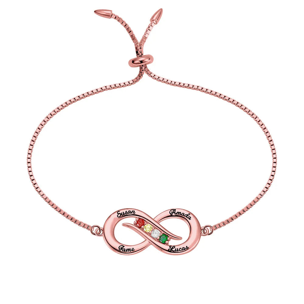 Personalized Infinity 4 names Bracelet with Birthstones - Glamour