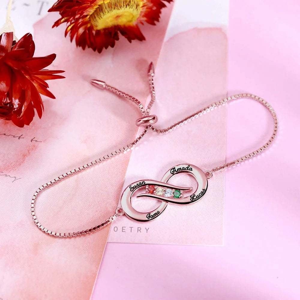 Personalized Infinity 4 names Bracelet with Birthstones - Glamour