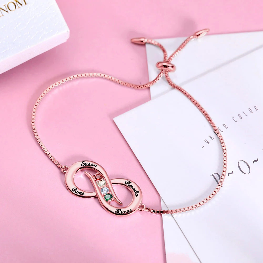 Personalized Infinity 4 names Bracelet with Birthstones - Glamour