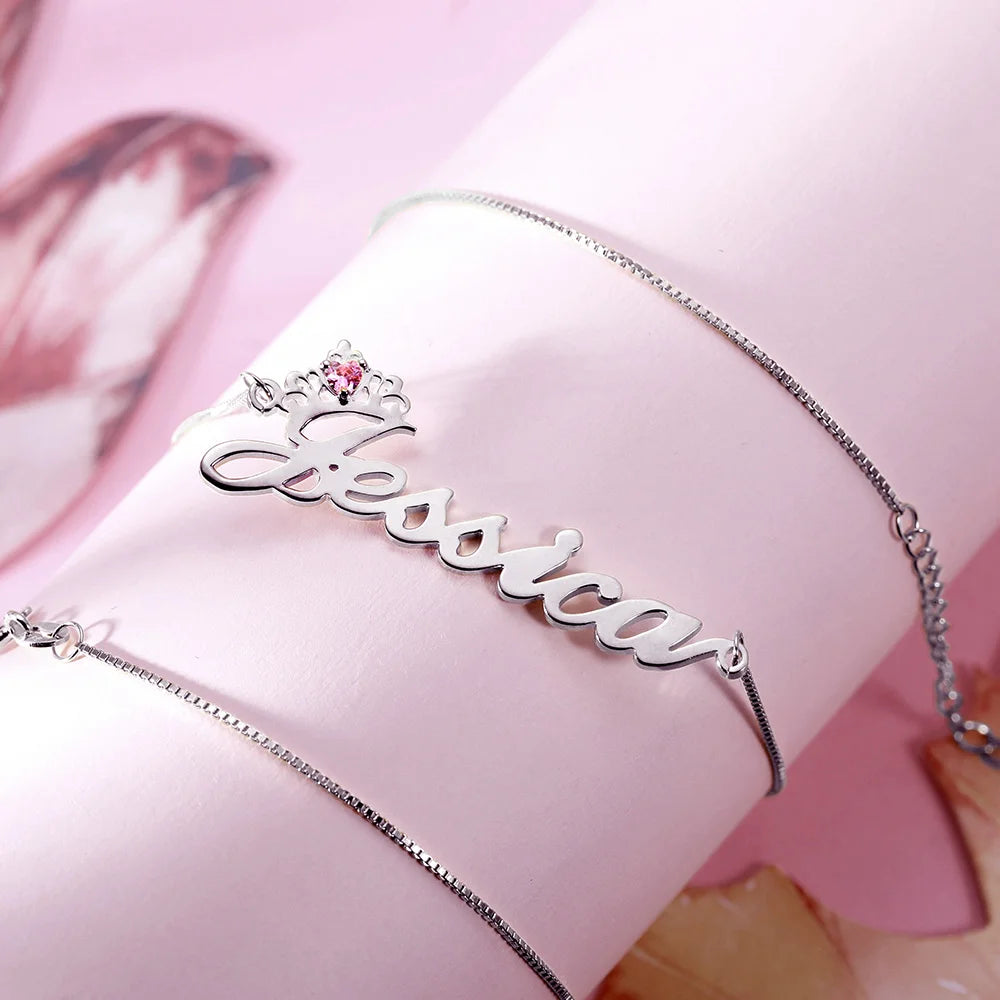 Personalized Crown Name Necklace with Birthstone - Glamour