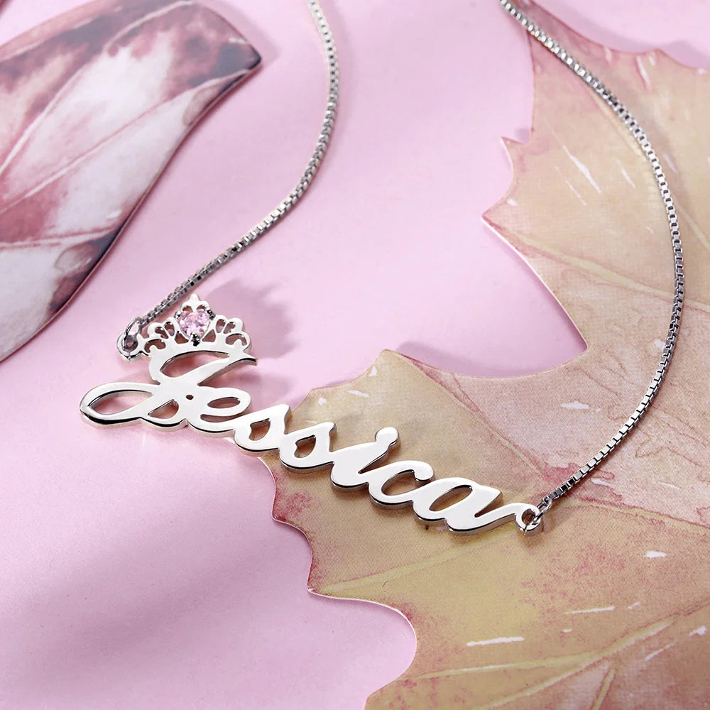 Personalized Crown Name Necklace with Birthstone - Glamour