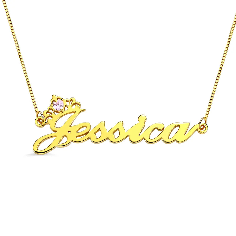 Personalized Crown Name Necklace with Birthstone - Glamour