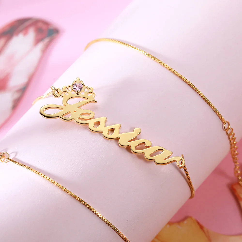 Personalized Crown Name Necklace with Birthstone - Glamour