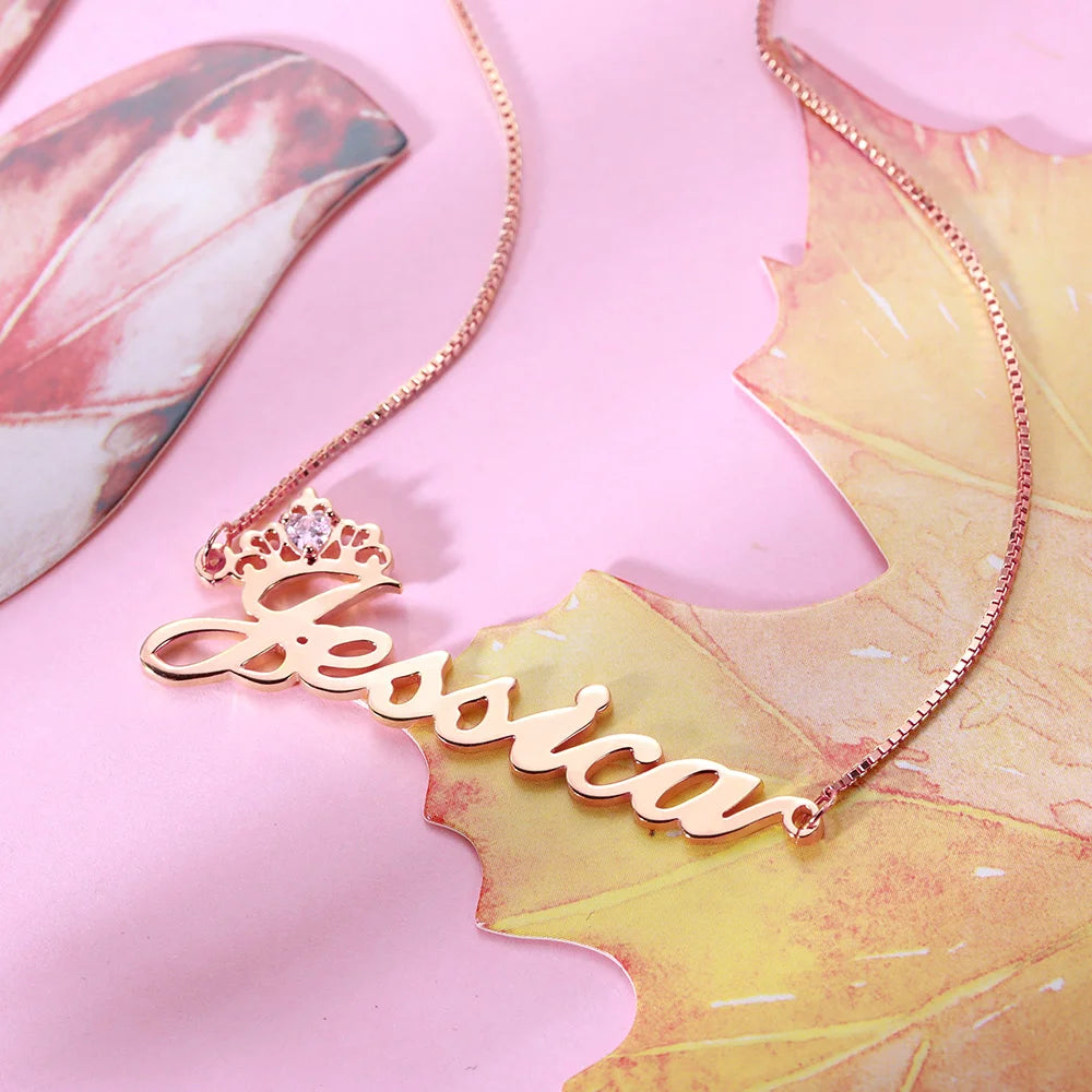 Personalized Crown Name Necklace with Birthstone - Glamour