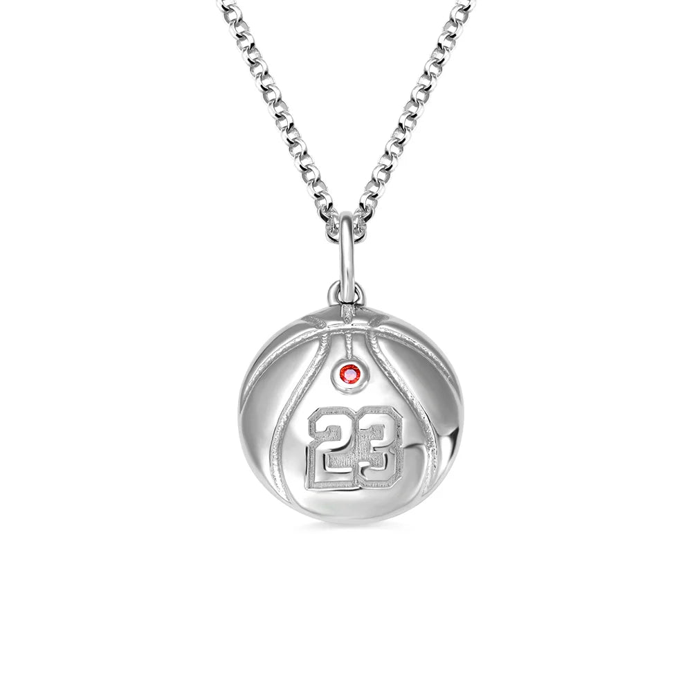 Engraved Basketball Necklace with Number And birthstone in Silver - Glamour