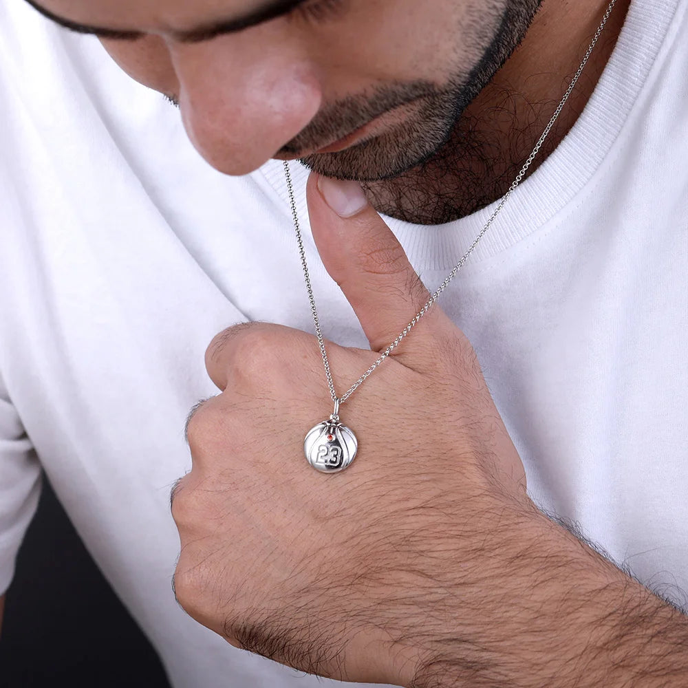 Engraved Basketball Necklace with Number And birthstone in Silver - Glamour