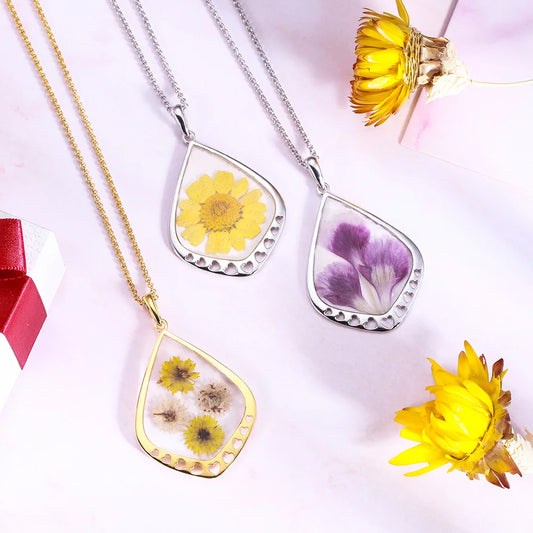 Personalized Real Birth Flower Drop Shape Necklace - Glamour