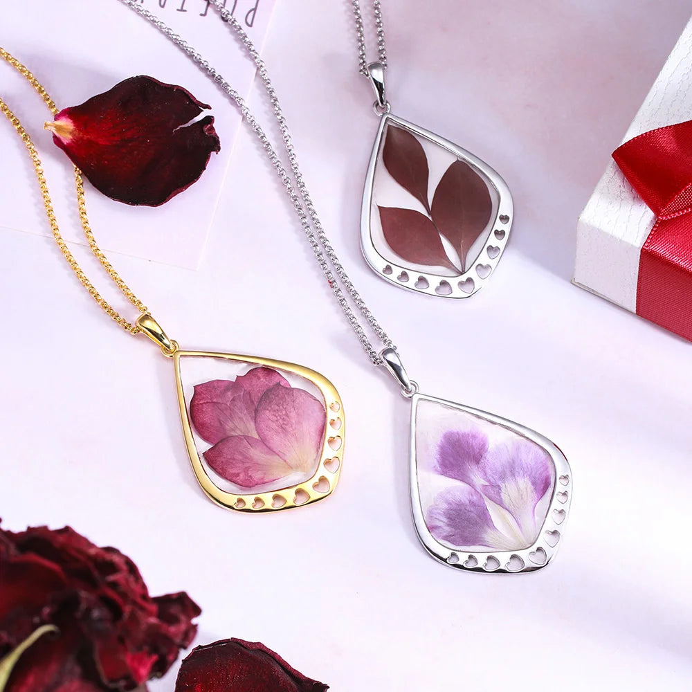 Personalized Real Birth Flower Drop Shape Necklace - Glamour