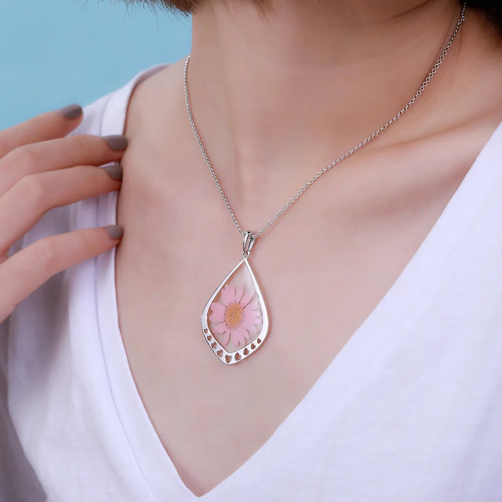 Personalized Real Birth Flower Drop Shape Necklace - Glamour