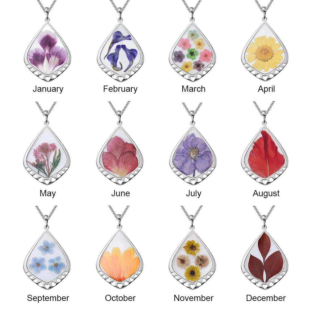 Personalized Real Birth Flower Drop Shape Necklace - Glamour