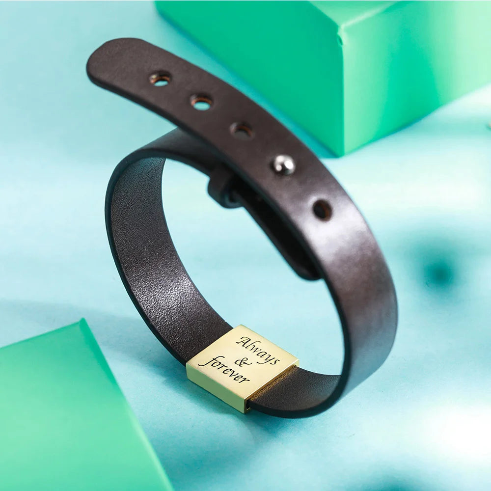 Personalized Men's Leather Bracelet with Couple's Fingerprint - Glamour