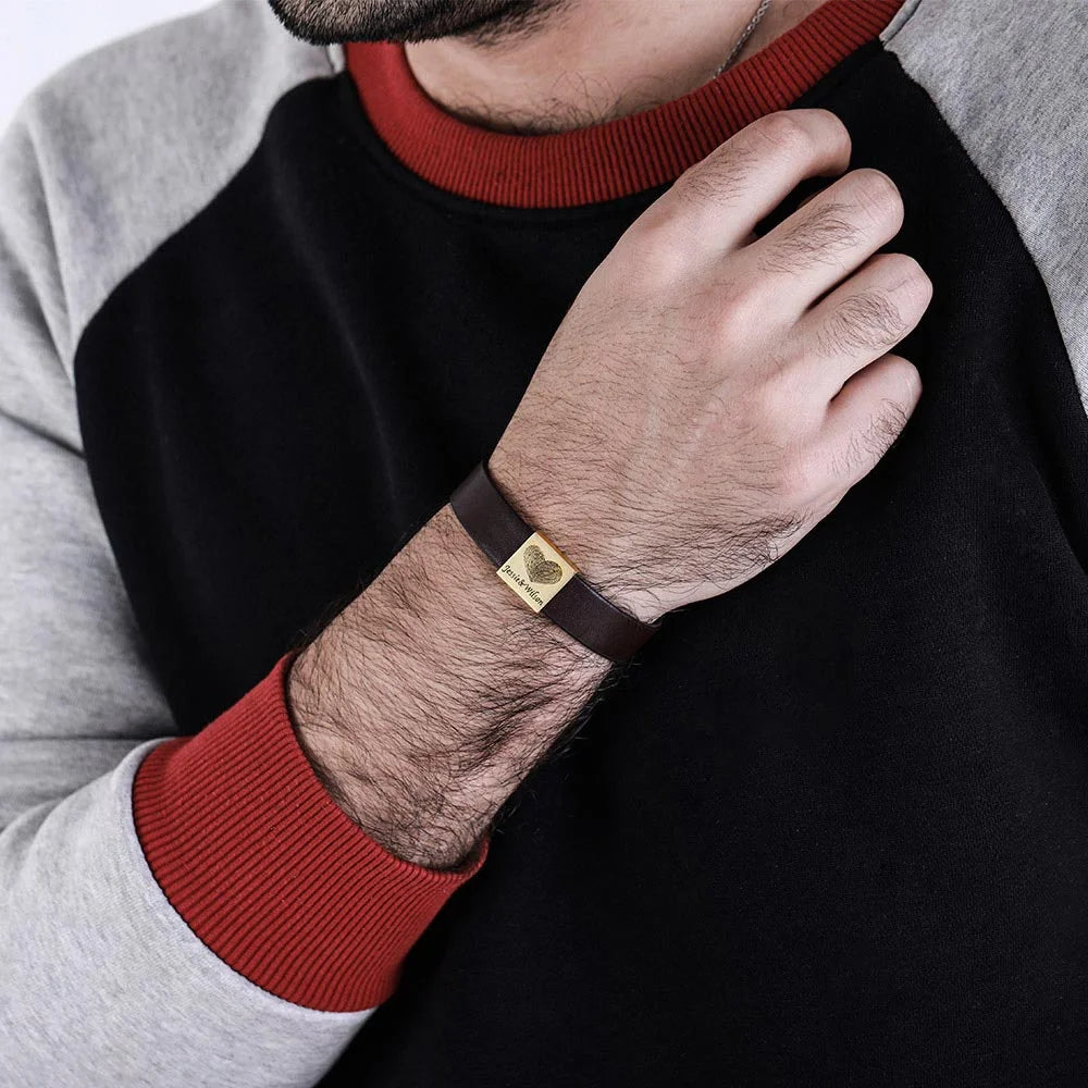 Personalized Men's Leather Bracelet with Couple's Fingerprint - Glamour