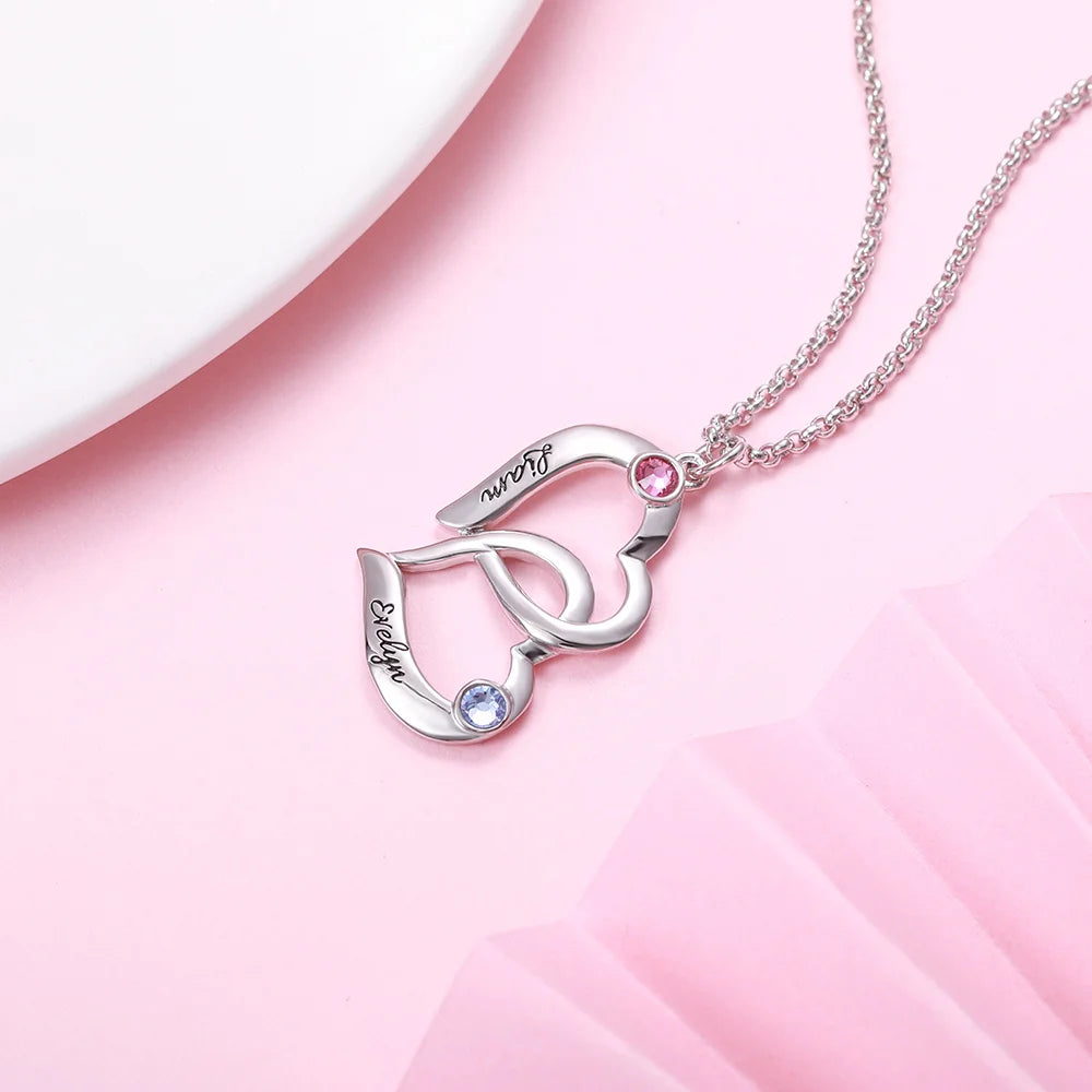 Customized Intertwined 1-4 Hearts Silver Necklace with Birthstones - Glamour
