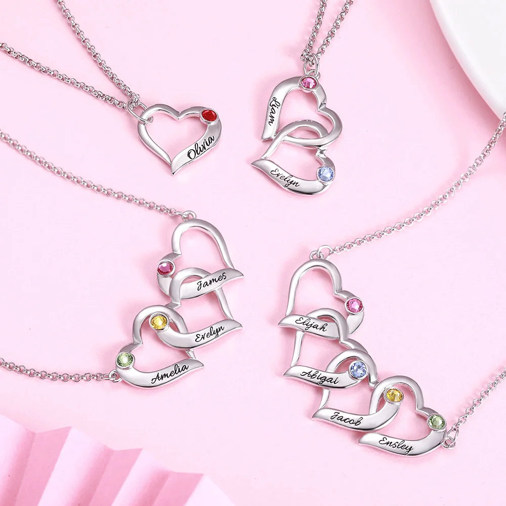 Customized Intertwined 1-4 Hearts Silver Necklace with Birthstones - Glamour