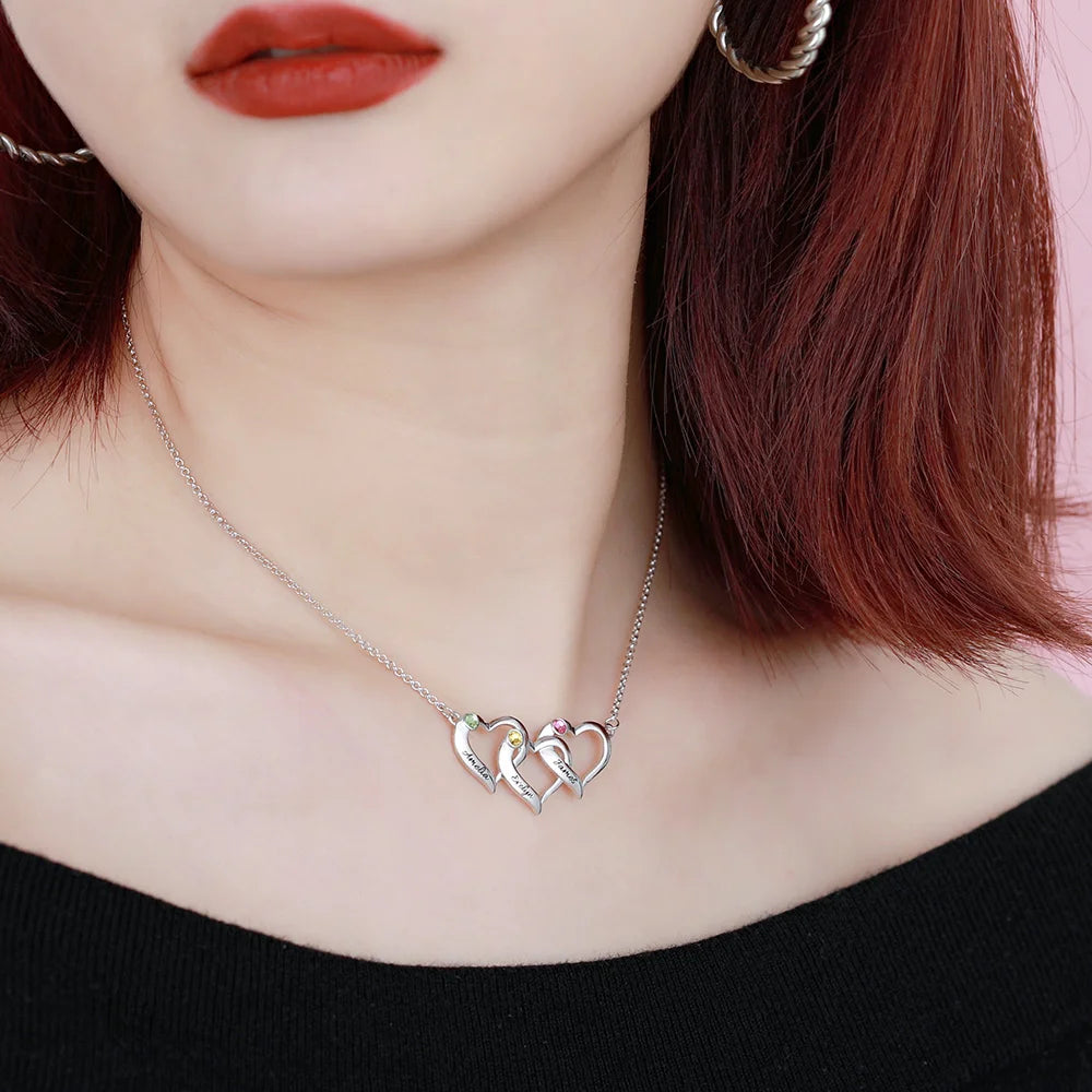 Customized Intertwined 1-4 Hearts Silver Necklace with Birthstones - Glamour