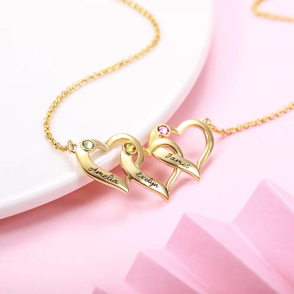 Customized Intertwined 1-4 Hearts Silver Necklace with Birthstones - Glamour