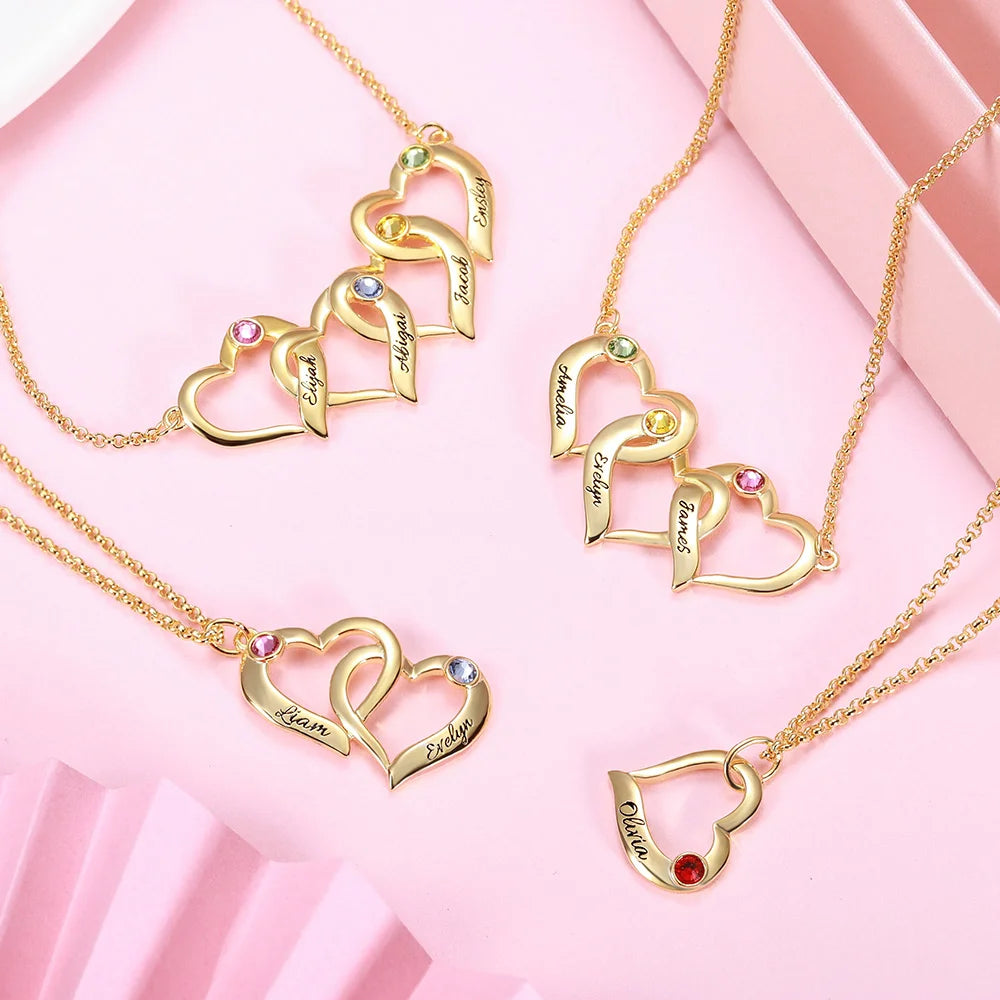 Customized Intertwined 1-4 Hearts Silver Necklace with Birthstones - Glamour