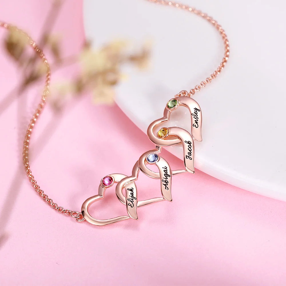 Customized Intertwined 1-4 Hearts Silver Necklace with Birthstones - Glamour