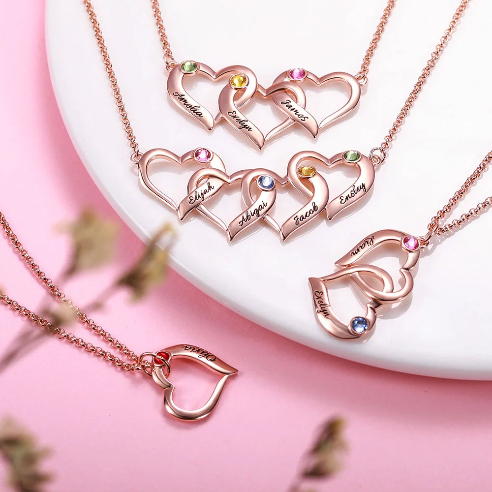 Customized Intertwined 1-4 Hearts Silver Necklace with Birthstones - Glamour
