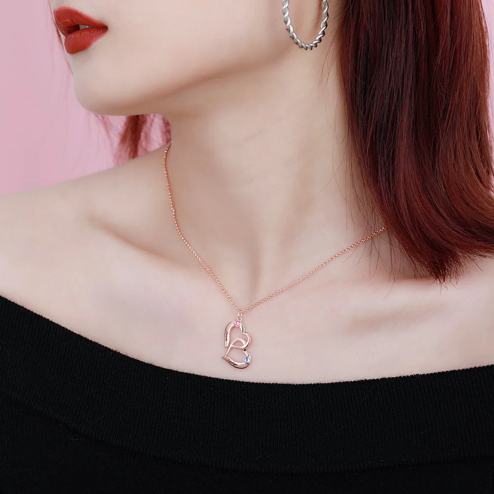 Customized Intertwined 1-4 Hearts Silver Necklace with Birthstones - Glamour