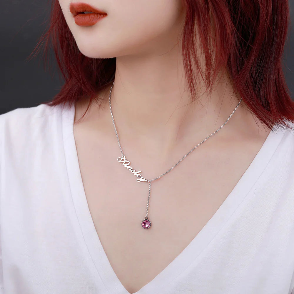 Personalized Simple Name & Birthstone Y Necklace - Glamour